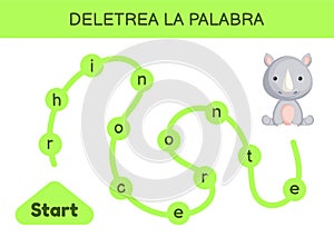 Deletrea la palabra - Spell the word. Maze for kids. Spelling word game template. Learn to read word rhino. Activity page for photo