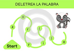 Deletrea la palabra - Spell the word. Maze for kids. Spelling word game template. Learn to read word skunk. Activity page for photo