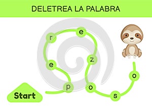 Deletrea la palabra - Spell the word. Maze for kids. Spelling word game template. Learn to read word sloth. Activity page for photo