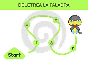 Deletrea la palabra - Spell the word. Maze for kids. Spelling word game template. Learn to read word toucan. Activity page for photo