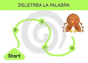 Deletrea la palabra - Spell the word. Maze for kids. Spelling word game template. Learn to read word turkey. Activity page for photo