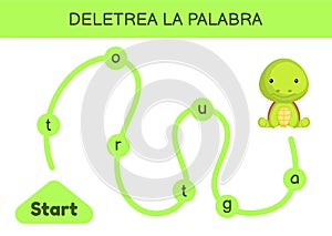 Deletrea la palabra - Spell the word. Maze for kids. Spelling word game template. Learn to read word turtle. Activity page for photo