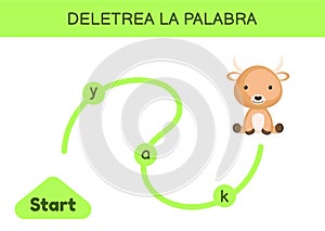 Deletrea la palabra - Spell the word. Maze for kids. Spelling word game template. Learn to read word yak. Activity page for study photo