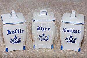 Delft Blue coffee, tea, and sugar containers. Koffie, Thee, Suiker. Famous porcelain souvenirs from Holland/Netherlands. 