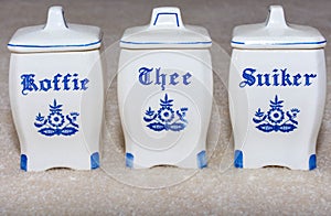 Delft Blue Coffee, Tea, and Sugar Koffie, Thee, Suiker containers. Famous porcelain souvenirs from Holland/Netherlands. 