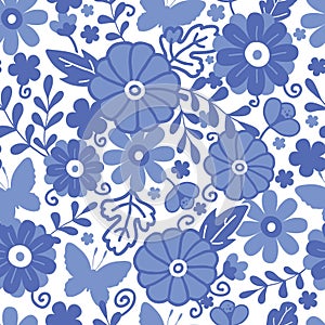 Delft blue Dutch flowers seamless pattern