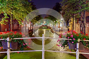 Delft. City Canal at night.