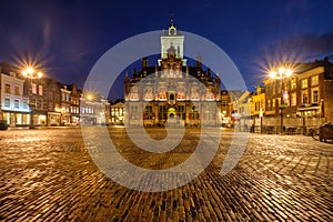 Delft Market Square Markt in the evening. Delfth, Netherlands