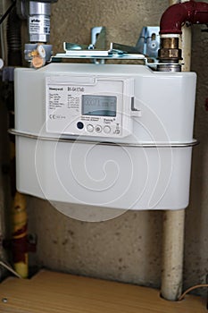 Delft, The Netherlands - May 21, 2021: Smart gas meter from Honeywell in dutch households of grid manager Enexis