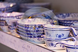Delftware blue pottery ornaments on display