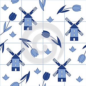 Delftware decorative seamless pattern with tulips and windmills. Vector illustration