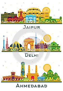 Delhi, Ahmedabad and Jaipur India City Skyline set with Color Buildings Isolated on White