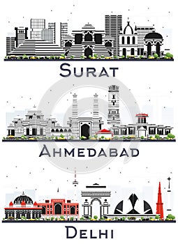 Delhi, Ahmedabad and Surat India City Skylines Set with Color Buildings Isolated on White