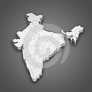 Delhi Captial state location within India map. 3D Illustration