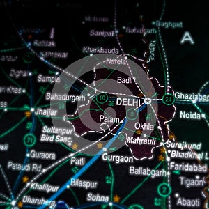 Delhi city map in India on geographical background