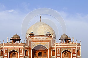 In delhi Humayun\'s tomb of Mughal Emperor Humayun designed by Persian architect Mirak Mirza Ghiyas in New Delhi, India