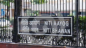Delhi, India - OCT 2, 2020 Boards outside Niti Aayog building on Sansad Marg. photo