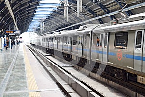 Delhi Metro train arriving at Jhandewalan metro station in New Delhi, India, Asia, Public Metro departing from Jhandewalan station