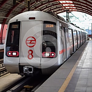 Delhi Metro train arriving at Jhandewalan metro station in New Delhi, India, Asia, Public Metro departing from Jhandewalan station