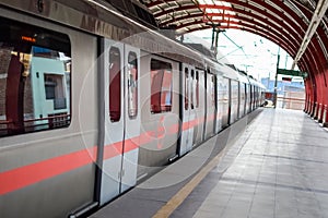 Delhi Metro train arriving at Jhandewalan metro station in New Delhi, India, Asia, Public Metro departing from Jhandewalan station