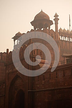 Delhi Red Fort, India in foggy polluted weather condition. Traditional Indian architecture