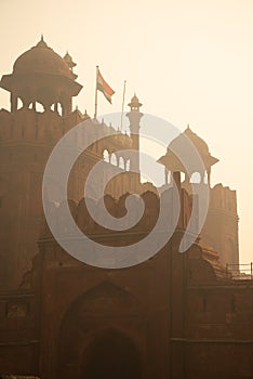 Delhi Red Fort, India in foggy polluted weather condition. Traditional Indian architecture