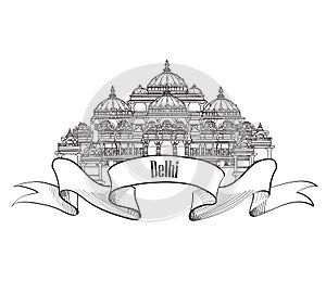 Delhi travel label. Indian Landmark symbol. Akshardham, Delhi,
