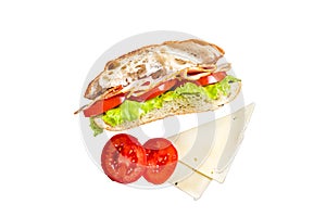 Deli meat sandwich with turkey ham, cheese, tomato and Lettuce. Isolated, white background.