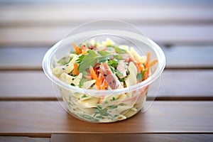 deli-style pasta salad with mayo and diced carrots, in a deli container