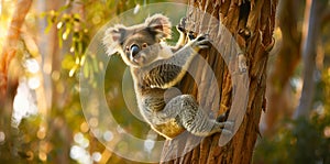 Deliberate scene of a koala climbing slowly and carefully up a eucalyptus tree trunk