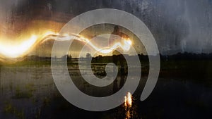 A deliberately blurred, abstract, out of focus, textured edit. Of a ghostly, eerie figure, standing in a flooded field, holding a