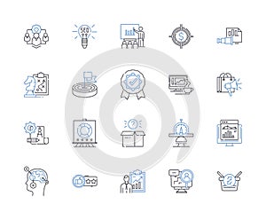 Deliberating and analyzing line icons collection. Examining, Studying, Scrutinizing, Interpreting, Analyzing, Reflecting