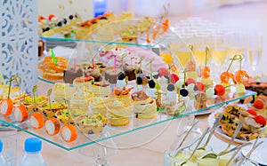 Delicacies and snacks in the buffet. Champagne. Seafood. A gala reception. Banquet.