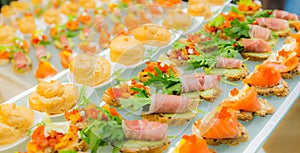 Delicacies and snacks in the buffet. Seafood. A gala reception. Banquet.