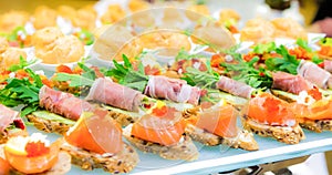 Delicacies and snacks in the buffet. Seafood. A gala reception. Banquet.