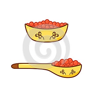 Delicacy salted red or black salmon caviar. Vector doodle illustration of sea fish caviar in a wooden spoon and plate