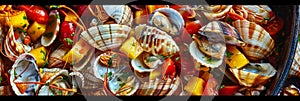 Delicacy Seafood Dish with Cooked Seashells, Bivalves or Mytilus, Tomatoes and Mangoes Salsa photo