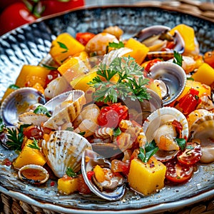 Delicacy Seafood Dish with Cooked Seashells, Bivalves or Mytilus, Tomatoes and Mangoes Salsa photo