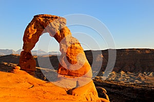 Delicate Arch in Arches National Park at sunset.