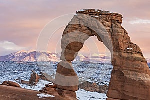 Delicate Arch Closeup with Pink La Sal Mountains