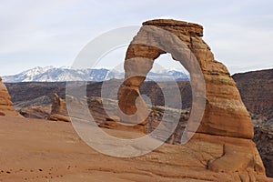 Delicate Arch with LaSalle Mountains in Background, Arches National Park, Utah