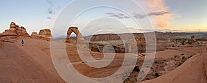 Delicate Arch, panoramic view at sunset in Arches National Park in Moab