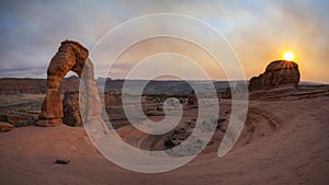 Delicate Arch sunset panorama in Arches National Park