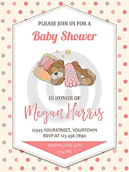 Delicate baby girl shower card with little teddy bear