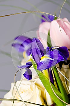 Delicate beautiful bouquet of iris, roses and other flowers in