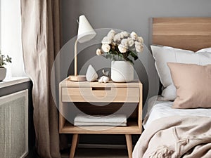 Delicate bedside decor with a lamp and floral arrangement, exuding a calming ambiance in the Scandinavian-style bedroom