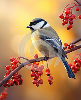 Delicate Bird Perched Amongst Autumn Berries in Golden Light - Generative AI