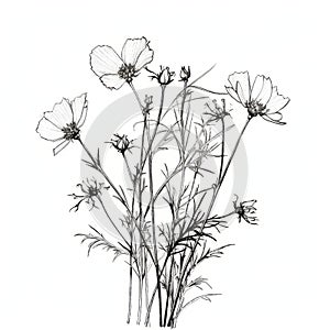 Delicate Black And White Pencil Illustration Of Cosmos Flowers