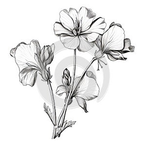 Delicate Black And White Sketch Of Geranium Flowers With Gold Detailing