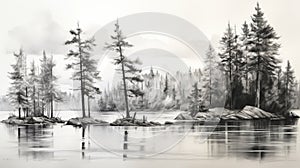 Delicate Black And White Watercolor Landscape: Pine Trees On A Lake